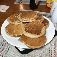 Tastes great!  Veganized it with soy milk, applesauce instead of egg, and vegan butter.  Also did half whole wheat flour and added 2 T of ground flax seed.  Had to add a little more milk.