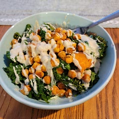 I added sautéed spinach, a yogurt sauce, and did garlic salt, smoked paprika, pepper and dried oregano for the chickpeas and it was delicious 