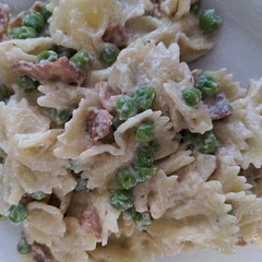 I used 1/2 lb bacon cut into pieces and fried until crispy in my Dutch oven. My pasta choice was bow-ties tonight. Kept some pasta water in reserve, but I didn't need to use mine. 1 jar of sauce is perfect, but some will like more. I served this with some parmesan cheese and it was delicious! I'm sure you could also do this recipe with tuna on a night that you don't have bacon.