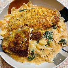 If you have any self-respect you’ll bread the chicken, fry it, and KEEP IT SEPARATE from the sauce until right before consumption. Add some pasta for a complete dish. Also added some cayenne and tons more garlic to the sauce. Will be making it the exact same way next time. Takes more time but tastes more good.