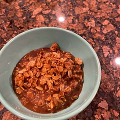 This is good,  makes about 3 of my serving size.  Added flax seed instead of chia- it’s what I had and honey in place of maple, a pinch of salt, Last but not least a touch of almond extract 😊. Topped with a pinch of granola 😁