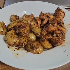 Potatoes are soft. Melt in you mouth in a good way. Chicken is seasoned perfectly. Delicious all around