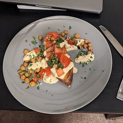 I wasn't sure I would like it from reading the description, but I love the brightness of the lemon juice and tomato with the sweetness of the potato, and the chickpeas add a nice texture. Perfectly balanced. 10/10