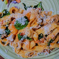I didn't have tomato puree, so I used tomato paste. I also added an orange bell pepper I had on hand that needed used.  For the pasta I used fettuccine.  I will make it again.