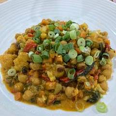 Doubled the chickpeas and added extra stock for more sauce. Replaced peas with edamame and added 4-5 cups of spinach for a more robust dish, also doubled the curry paste and peanut butter!