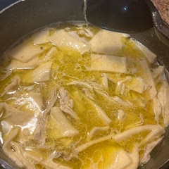 Kneed your dough and roll it thin! Season broth vigorously with garlic, onion, seasoning salt, pepper and chicken paste or it will be bland. 

Pro tip- use buttermilk 🤤