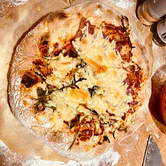 Loved the dough. Don’t be surprised by the low amount of yeast; it works. Next time: Gotta try it with a pizza stone to crisp it up from underneath.