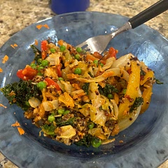 Used peas instead of edamame. Spiced everything as I cooked with garlic powder, smoked paprika, ginger, red pepper flakes, salt, and pepper.