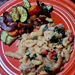First of all, I cooked chicken thighs in the air fryer with additional spices. I also used a variety of pasta that I had on hand. Served with mediterranean air fryer veggies. Glad I used extra spices on the chicken.