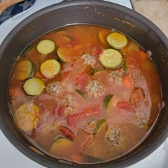I double the amount of water and chicken bouillon and I also don't add the tomato sauce to the Meatballs mixture I add it directly to the water otherwise the Meatballs fall apart. I added 1 tsp salt and 1/2 tsp pepper to the broth. 