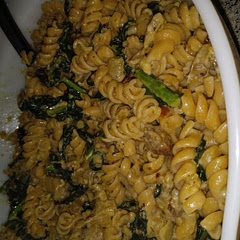 Had breakfast sausage had to use that instead. Used Kale instead. Didnt have cream used pesto instead, & cream cheese  instead. Toddler opened the rotini so had to use that instead. Still turned out great.
