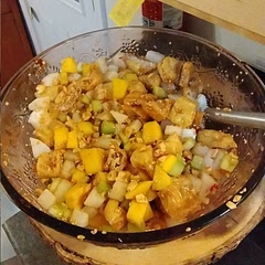 Substituted tonkatsu sauce for tamarind and daikon for jicama. Also used 3 chilis and more chopped peanuts.