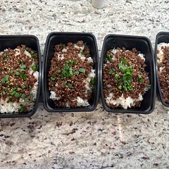 Such an easy in expensive way to meal prep. This is what 4 servings of this recipe looks like. It reheats well and has so much flavor. If you’re going to serve over rice I for sure recommend doubling the sauce.