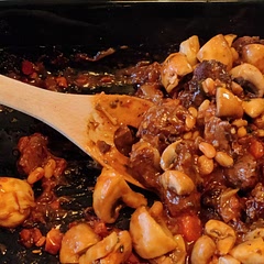 I added some left over Heinz beans in tomato sauce. Didn't add wine as i have a hangover today. Was delicious, easy. Important to not add too much water!