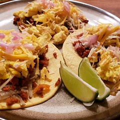 Good meal. Picking a good chorizo is key. Loved the pickled onions. I would get flour tortillas next time