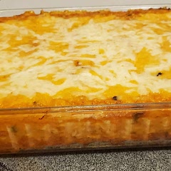 Let it sit for 15 min before cutting.  So yummy. Everyone likes it except my one teen that hates anything with corn in it.  Lol
Also did it at 375 for 30 min then add cheese and another 10 min.