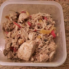 I added mushrooms and used a white sugar alternative sweeter.  The Barenaked noodles taste good too in the dish.