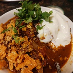 Incredible chili. I served with cilantro, crushed Fritos, sour cream, and cornbread.