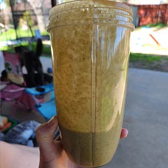 I used almond milk and almonds instead. Added some chocolate super greens powder. Pretty yummy!