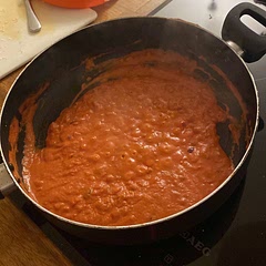 This was lovely, i made it with passata and single cream. I am not sure about 8 servings, maybe 6? I would definitely make again Bad picture but the food on my plate is all gone!