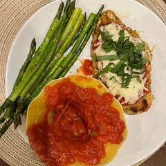 Served with spaghetti squash!! Delish. Didn’t have seasoned breadcrumbs só added a lot of spices to mine.