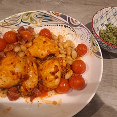 Don't forget the lemon from the salsa Verde!!
Could quite easily have this dish without the salsa verde, making it super easy for a midweek dinner. Though I would personally use far less tomato than recommended. I made this for 2 which would have been 350g tomatoes. I used about 280g and that was almost too much.