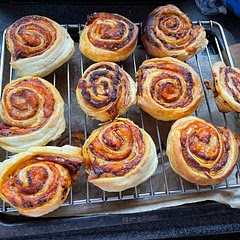 We made it as pizza wheels, puff pastry tomato purée pepperoni and cheese. Kitchen smells great and kids loved them