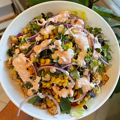 So so so good! I love how simple it was to make the dressing. I added microgreens, cucumber, crumbled tortilla chips, purple cabbage, and cholula bc I had them all on hand.