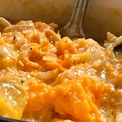 Served it over rice and a sweet potato. Added red Chile sauce because it needed spice