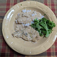 I didn't brown the chicken.  I did make a roux with flour and butter separately, then added the cream and chicken flavor. I mixed the thickened liquid with  the crockpot juices and let cook for another hour.  This was amazing with broccoli and rice.