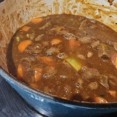 Added some sweet potato a hour Into cooking and more salt and pepper on the beef while frying. Also did 1 hour on the stove and 2 In the oven.