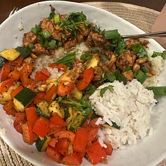 Delicious!! Don’t forget to leave out the garlic till the end. I forgot and stared to burn so I added some chicken stock to the pan to release the bits on the bottom and it was still delicious. Best coconut rice too