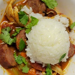 So good and easy! Served with rice, cilantro and a bit of hot sauce. 