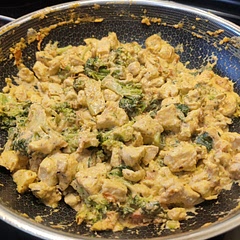 I used 6 oz of cream cheese and a cup of mozzarella and 4.5 chicken breast. It was enough for my family of 5.  I served it with brown rice.  3 picky children didn't complain. :) 