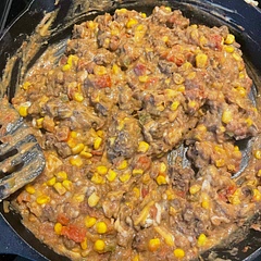 I may have went a little extra. Used ground elk added corn and refried beans, diced tomatoes with green chilies and a couple spoonfuls of diced jalapeños. After cooking I topped it with sour cream, salsa and shredded lettuce