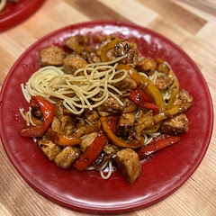 I ended up using chicken instead of steak, because I didn’t have any, and making with noodles instead of a side of rice, and simplifying it with just peppers. It was still good! The sauce is surprisingly good for how simple it is!
