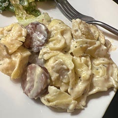 This was a simple recipe. I didn’t have any milk. But I did have half and half. So I used half and half instead of milk. Also I put kielbasa in it as the meat. I had to put some onion powder, Italian seasoning and pepper in for extra seasoning.