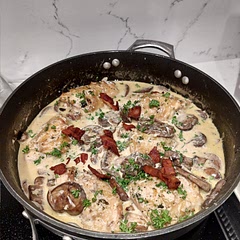 Fried the bacon separate so they're crispy. And added some flour to thicken the sauce a bit. 100% recommend this dish! 