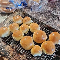 For some reason I had to use way more flour than the recipe called for, but they turned out great regardless! Made whipped honey butter to go with them