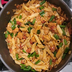 Really yummy.  I made it with gluten-free pasta and cooked the pasta separately, then mixed them together.  It's a little spicy.  My 9 year old said it was too much. 