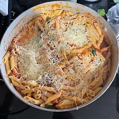 I did not do the sausage, I did Parmesan crusted chicken. I also added mushrooms and spinach. 
I would either add more sauce next time or less noodles but the flavor was so good!