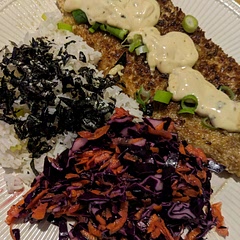 This was enjoyable.

Added carrots for extra color and more veggies - obviously made for leftovers but the rest of the meal was all gone.

Mind the difference between mirin and mirin seasoning. We have both and I accidentally used the latter.