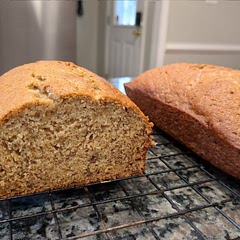 I used 1/2 cup white sugar and 1/2 brown sugar, split between two loaf pans and baked for 40 mins. Delicious!