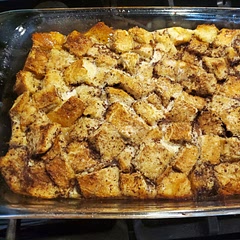 Yum! Loved it! Add salt to the milk and eggs. If planing on eating it with maple syrup then I would NOT add the extra sugar on top, will be too sweet. 425 for 30 mins. 