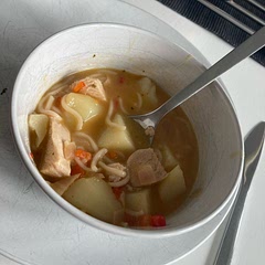 Cooked chicken in oven to make it softer than frying and cooking in soup and added potato to pack it out a little tasted amazing