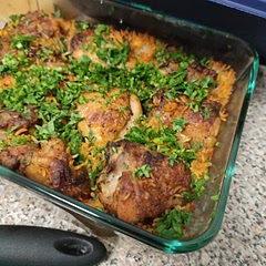 I love this recipe. Perfectly cooked rice. Exactly the way I like. Not mushy at all. This photo is before I mixed the chopped parsley. I didn't have fresh basil so I added parsley. I seasoned the chicken with salt and pepper for 3 hours.