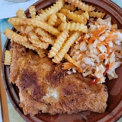 Opted to deep fry instead if air fry so I could make use of two big filets.  Crunchy slaw and fries to the side.