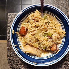 I've made it a few times so I'm a bit liberal with some of the ingredients. Used Cajun sausage cause it was on sale.
