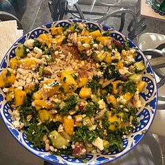 Used grouper because that’s what we had at home. Served over a bed of kale with a little feta and pine nuts.