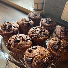 Added chocolate nibs and chips on top. I made them like muffins and it took almost half the time in the oven so watch them closely